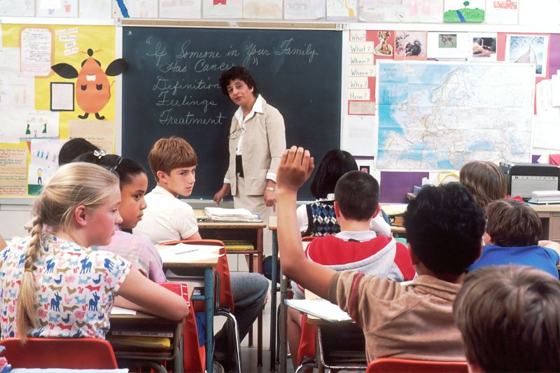 Students participating in an immersion language learning classroom discussion